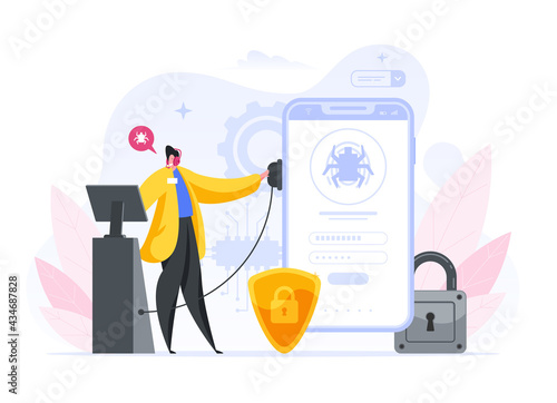 Colorful vector illustration of cartoon male using modern equipment to scan smartphone for malware while working in private data security service