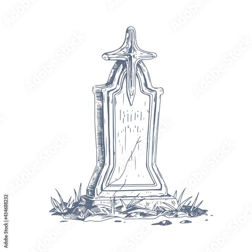 Cemetery gravestone with stone cross. Sketch of old medieval religious tombstone in vintage style. Ancient funeral art. Hand-drawn vector illustration of headstone isolated on white background