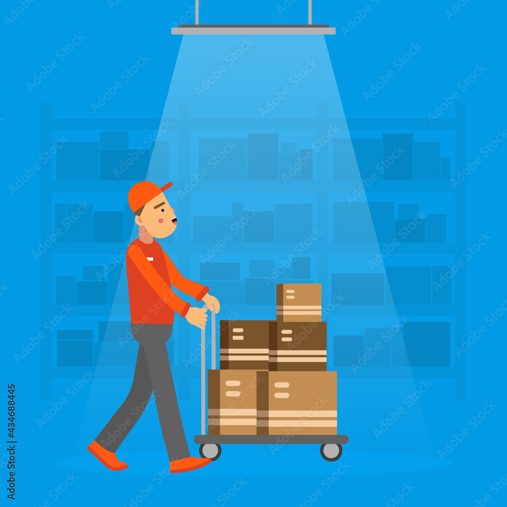 Man Worker in Uniform Pushing Trolley with Cardboard Box as Delivery and Moving Service Vector Illustration Man Worker in Uniform Pushing Trolley with Cardboard Box as Delivery and Moving Service Vector Illustration