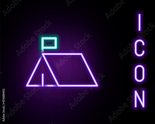 Glowing neon line Protest camp icon isolated on black background. Protesting tent. Colorful outline concept. Vector