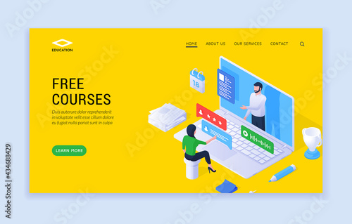 Free courses website banner template. Vector illustration of modern website design with isometric person studying online on source of free courses. Online education concept