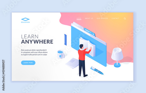 Learn anywhere website banner template. Vector design of isometric website banner with man reading book in browser using convenient service. Online education concept