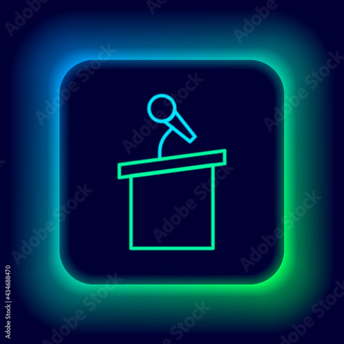 Glowing neon line Stage stand or debate podium rostrum icon isolated on black background. Conference speech tribune. Colorful outline concept. Vector
