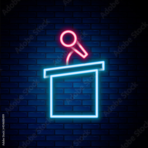 Glowing neon line Stage stand or debate podium rostrum icon isolated on brick wall background. Conference speech tribune. Colorful outline concept. Vector