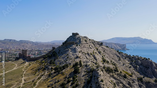 Sudak, Crimea. Genoese fortress in Sudak. Medieval fortress with an area of over 30 hectares. on the Black Sea coast, Aerial View photo