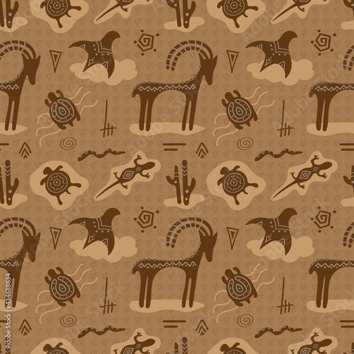 Cave art. Rock paintings with primitive animals, seamless vector pattern. Illustration with deer, turtle, lizard.