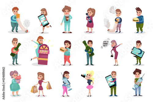 People Characters Leading Unhealthy Lifestyle Eating Fast Food and Drinking Alcohol Vector Illustration Set