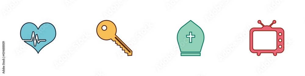 Set Heart rate, Key, Pope hat and Television tv icon. Vector Set Heart rate, Key, Pope hat and Television tv icon. Vector