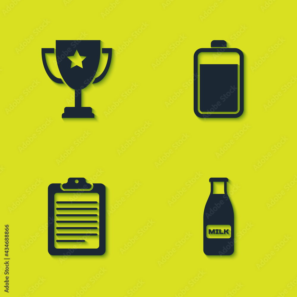 Set Trophy cup, Glass bottle milk and cap, Clipboard with document and Battery icon. Vector Set Trophy cup, Glass bottle milk and cap, Clipboard with document and Battery icon. Vector