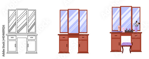 Wooden Dressing table with triple mirror in vintage style-linear diagram-vanity table with cosmetics, makeup brushes, perfume and comb. Vector illustration in a flat and linear style.