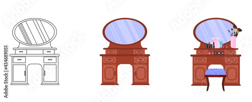 Wooden vanity table with round mirror in vintage style-linear diagram-dressing table with cosmetics, makeup brushes, perfume and comb. Vector illustration in a flat and linear style.