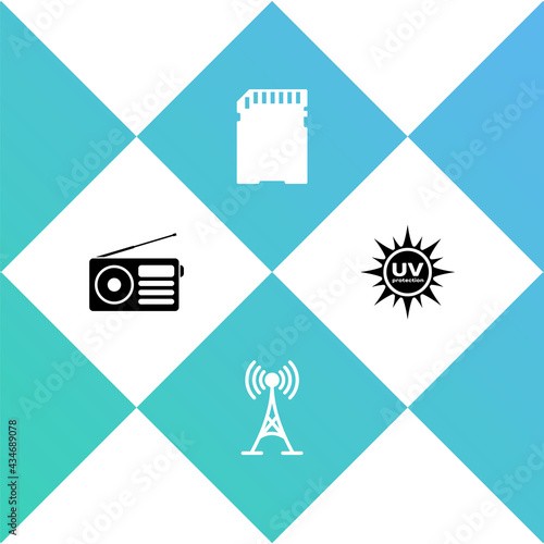 Set Radio, Antenna, SD card and UV protection icon. Vector