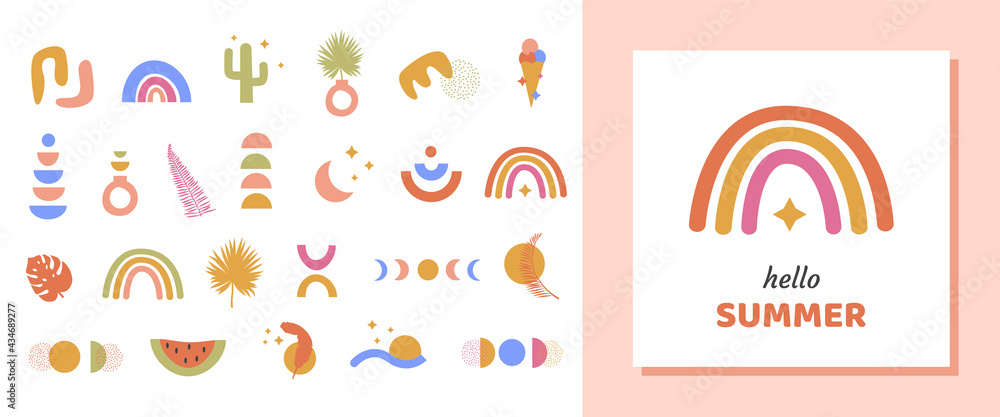 Bohemian Tropical Summer Set of abstract elements in bright colors. Card template with Trendy boho hand drawn doodle shapes in contemporary flat style. Modern Geometric scribble objects. Vector.