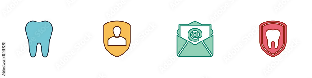 Set Tooth, User protection, Mail and e-mail and Dental icon. Vector Set Tooth, User protection, Mail and e-mail and Dental icon. Vector