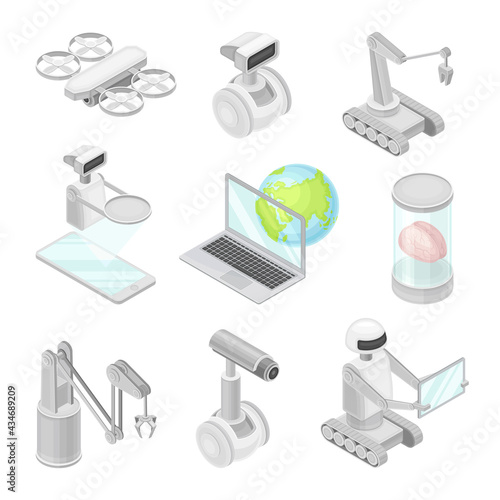 Robotic Technology with Electronic Equipment and Artificial Intelligence Like Smartphone and Automatic Hand Isometric Vector Set