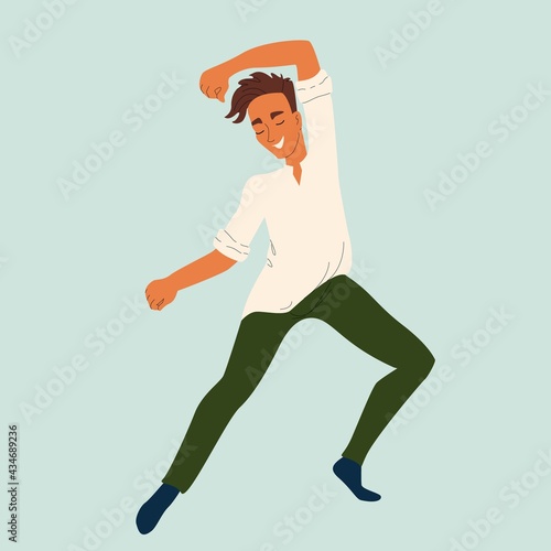 Young man dancing modern dance, dancer in graceful pose, male character in cartoon style, vector illustration, isolate.
