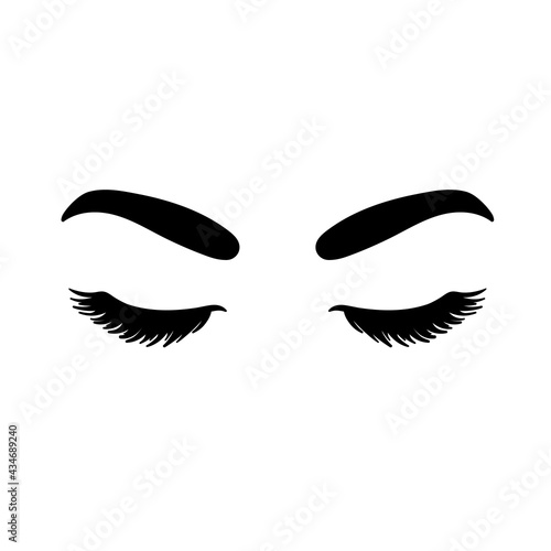 Vector eye illustration with long false eyelashes and wide eyebrows. The woman s eyes closed. For beauty salon, lash extensions maker.