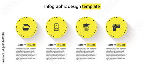 Set Coffee pot, Smartphone with contact, Graduation cap globe and Cinema camera. Business infographic template. Vector