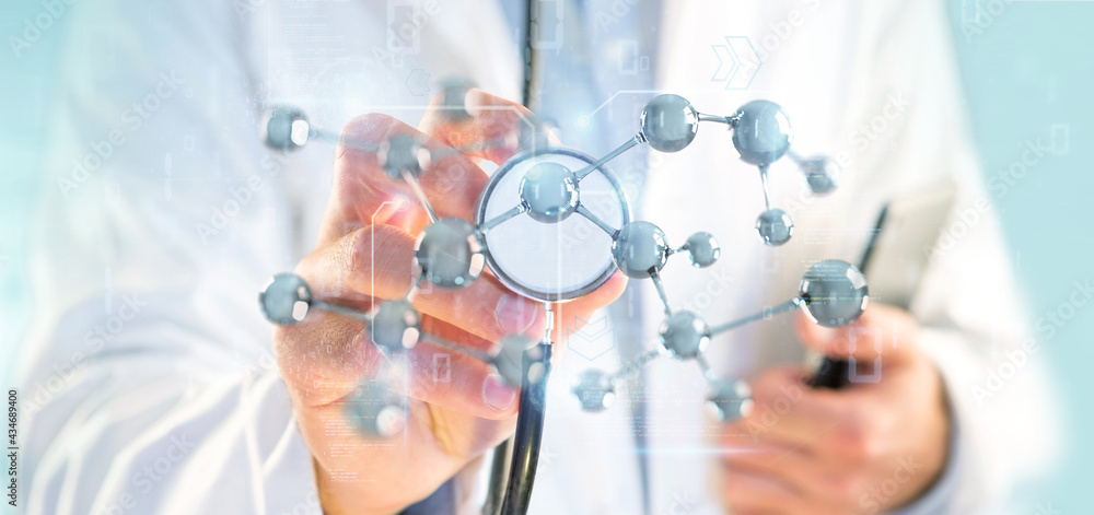 Doctor touching a 3d molecule concept - 3d rendering Doctor touching a 3d molecule concept - 3d rendering