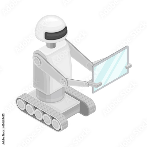 Programmable Robot Machine Holding Screen as Robotic Technology and Electronic Equipment with Artificial Intelligence Isometric Vector Illustration