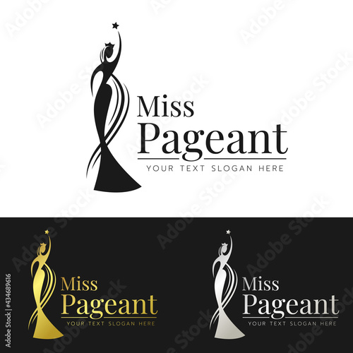 miss pageant logo sign , black and gold and silver abstract modern beauty queen with long hair wearing a crown vector design