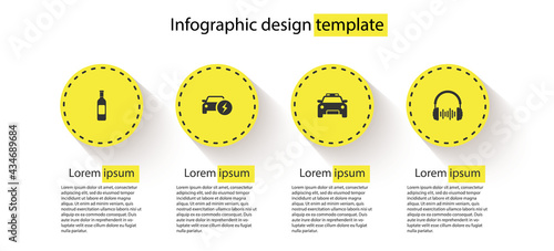 Set Bottle of wine, Electric car, Police and flasher and Headphone sound waves. Business infographic template. Vector