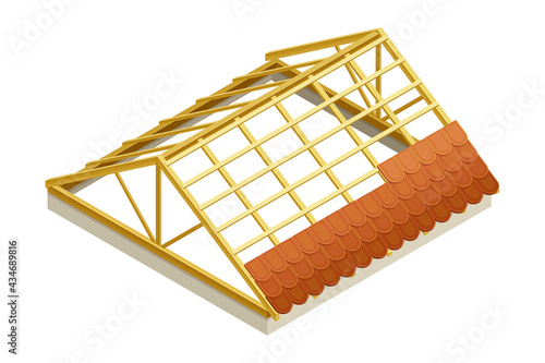 Framed Roof as House Top Covering with Tile Overlapping Isometric Vector Illustration