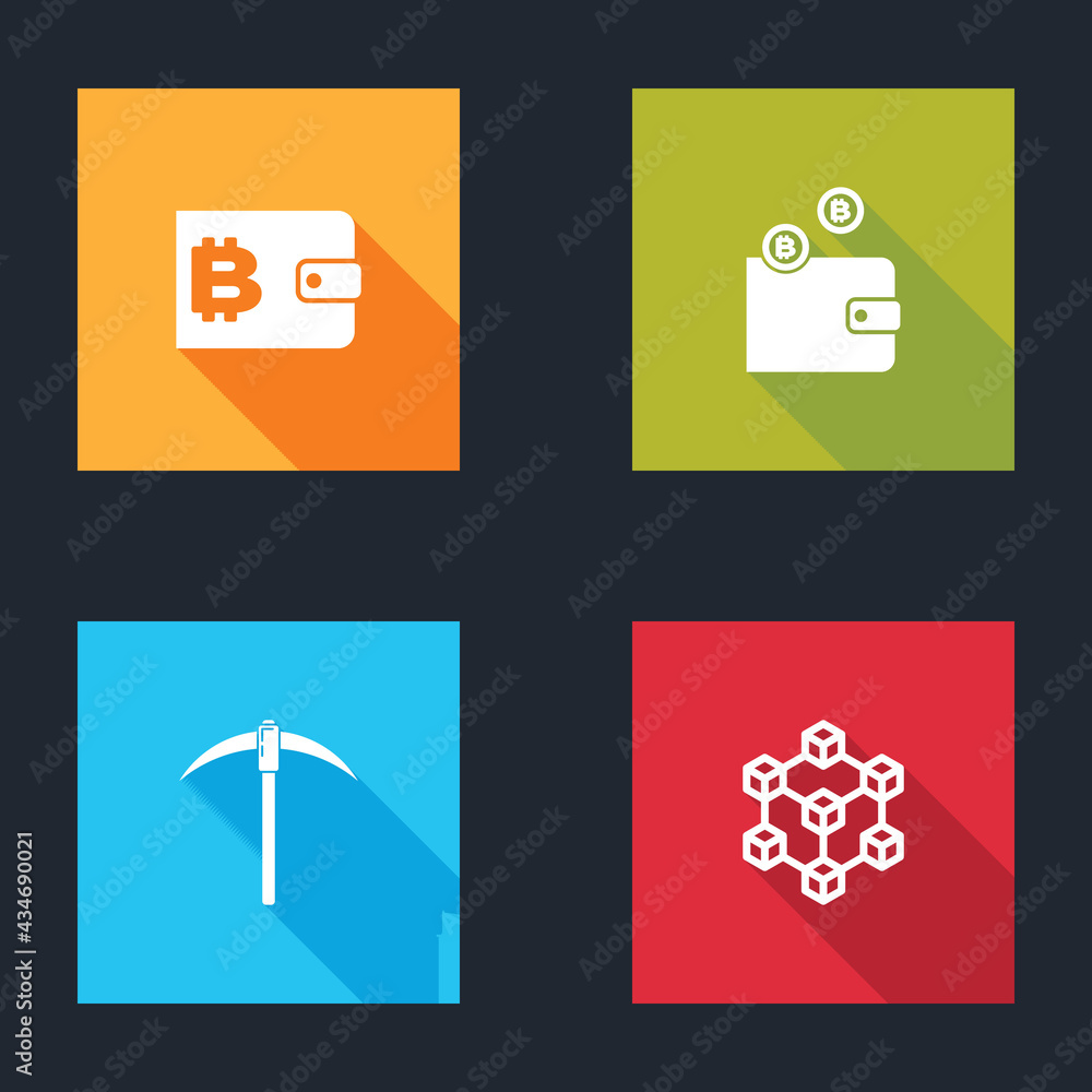 Set Cryptocurrency wallet, , Pickaxe and Blockchain technology icon. Vector