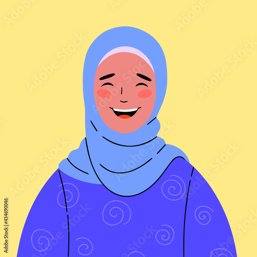 Beautiful smiling Muslim woman in a headscarf and a bright dress.  Vector illustration