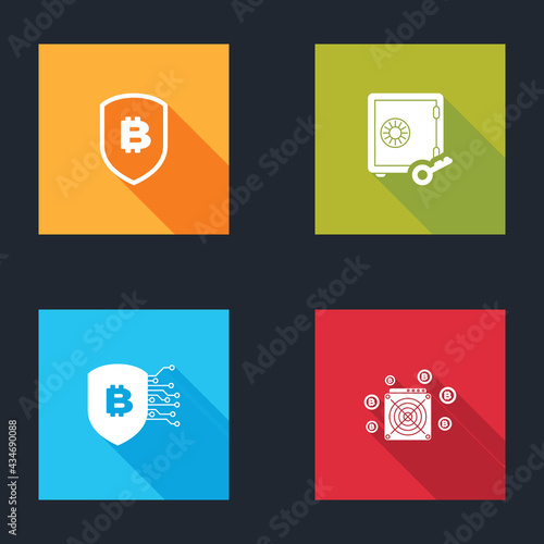 Set Shield with bitcoin, Proof of stake, and ASIC Miner icon. Vector
