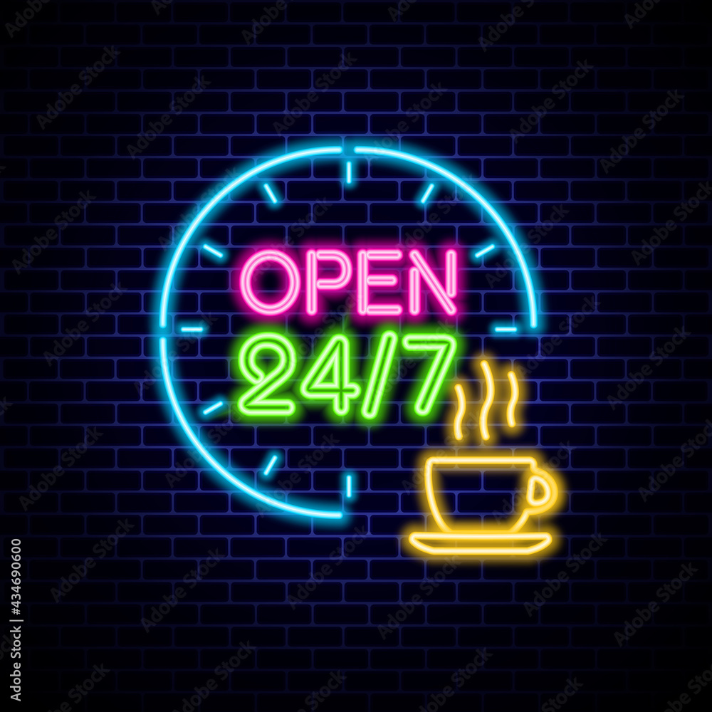 Open 24/7 neon signboard design template for bar, store, club, cafe.
Open 24/7 neon signboard design template for bar, store, club, cafe.