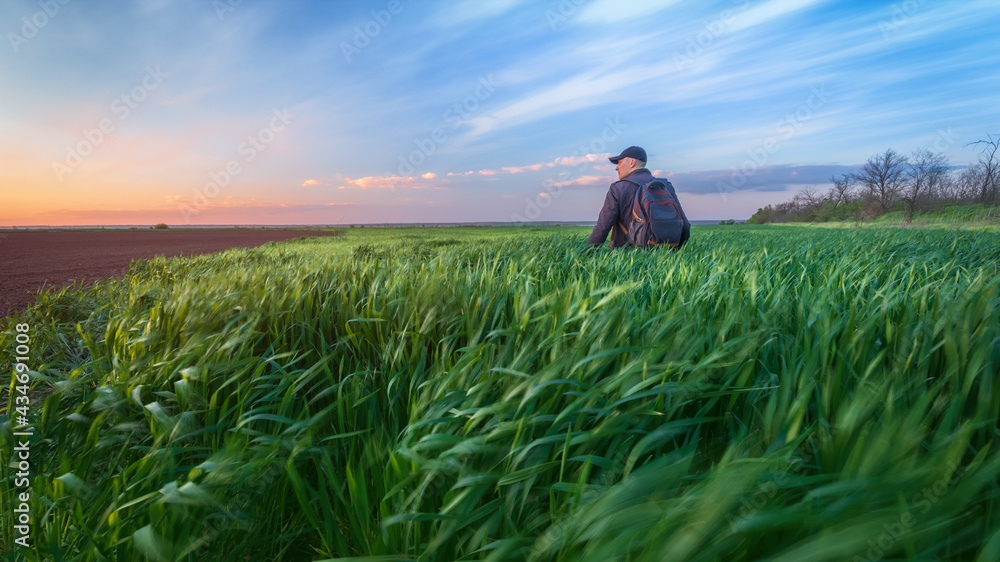 Fototapeta premium man looks at the sky. bright spring landscape