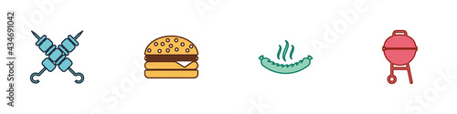 Set Grilled shish kebab, Burger, Sausage and Barbecue grill icon. Vector