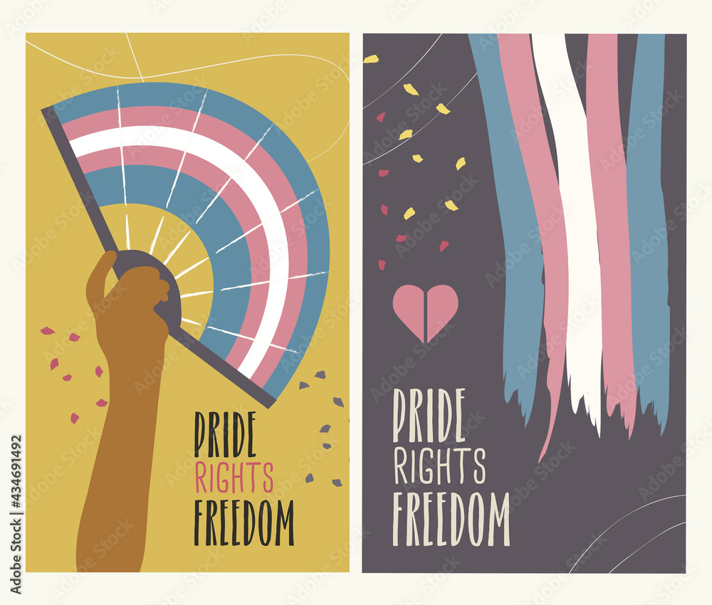 LGBT pride day posters with the transgender flag, a dark skinned hand holding a fan with the trans flag and the text Pride, Rights and Freedom. Vertical illustrations in flat style, vectored. 