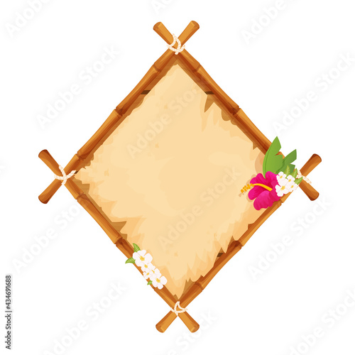 Hawaiian bamboo wooden frame with parchment and tropical flowers in cartoon style isolated on white background. Empty signboard, template poster.