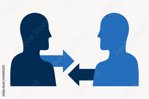 Making an exchange illustration. Two people trading, flat design icon. Two men likeness outline and arrows face to face. Vector.