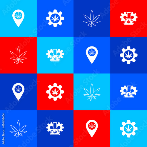 Set Location and marijuana, Test tube with, Marijuana or cannabis leaf and icon. Vector