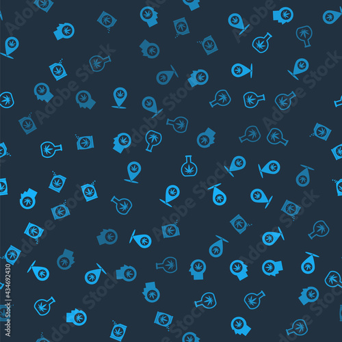 Set Head in profile with marijuana, Location and, Test tube and Marijuana or cannabis seeds on seamless pattern. Vector