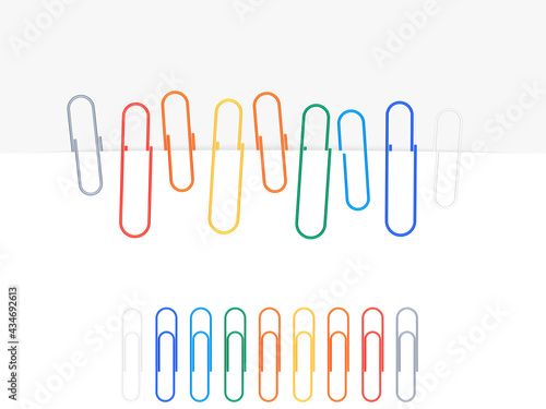 Set of colored paper clips. Vector clipart on white background with shadow. Сollection of paperclips attached to the edge of the sheet.