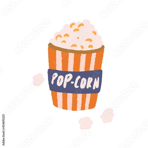 Retro-styled popcorn bucket. Full pop-corn paper box for movies and cinemas. Snack for film. Colored flat vector illustration of fast food isolated on white background