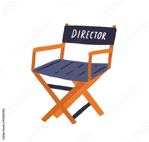 Hollywood movie director chair. Foldable seat for filmmaker. Empty folding armchair for filmmaking crew. Colored flat vector illustration isolated on white background