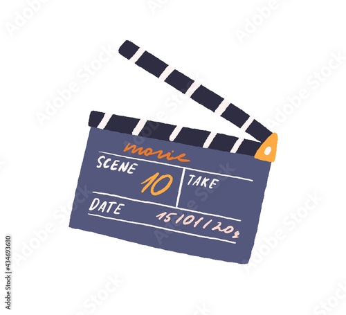 Slate clapperboard for video production. Movie clapper board for filmmaking. Clapping synchronizing clapboard for cinematography. Colored flat vector illustration isolated on white background