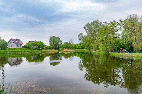 Pond in park in Wojanowo, Pomeranian Voivodeship, in northern Poland.
