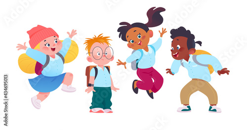 Happy school kids group with backpacks having fun together. Students characters in uniform smiling, jumping. Vector flat cartoon illustration. For ads, banners, packaging.