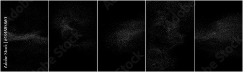 Set of distressed white grainy texture. Dust overlay textured. Grain noise particles. Snow effects pack. Rusted black background. Vector illustration, EPS 10.  