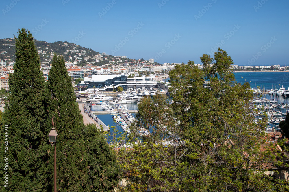 View across the port of Cannes on the French Riviera from the old town of le Suquet towards the Palais des Festivals