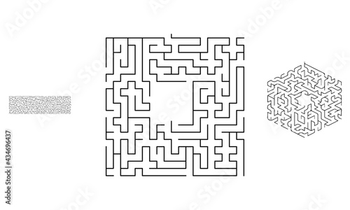 Black square maze with entrance and exit. An interesting and useful game for children. Simple flat vector illustration isolated on white background. With the answer.