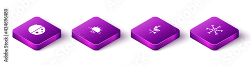Set Isometric Eclipse of the sun, Sunrise, Rooster weather vane and Snowflake icon. Vector