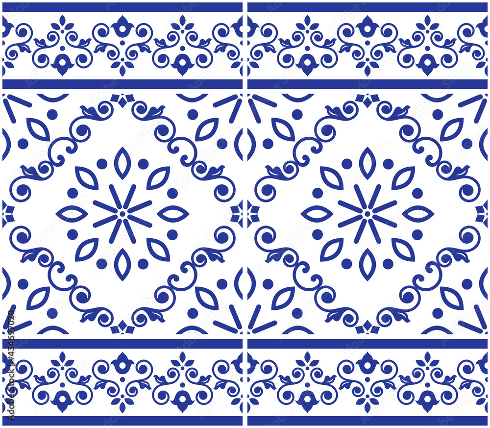 Lisbon style Azulejo tile seamless vector indigo pattern, elegant decorative design inspired by art from Portugal with floral and geometric motif

