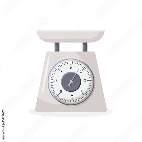 Weight scale on white background. Weighing scales with pan and dial. Qualitative vector illustration for weight measurement, kitchen appliances, measuring tool.